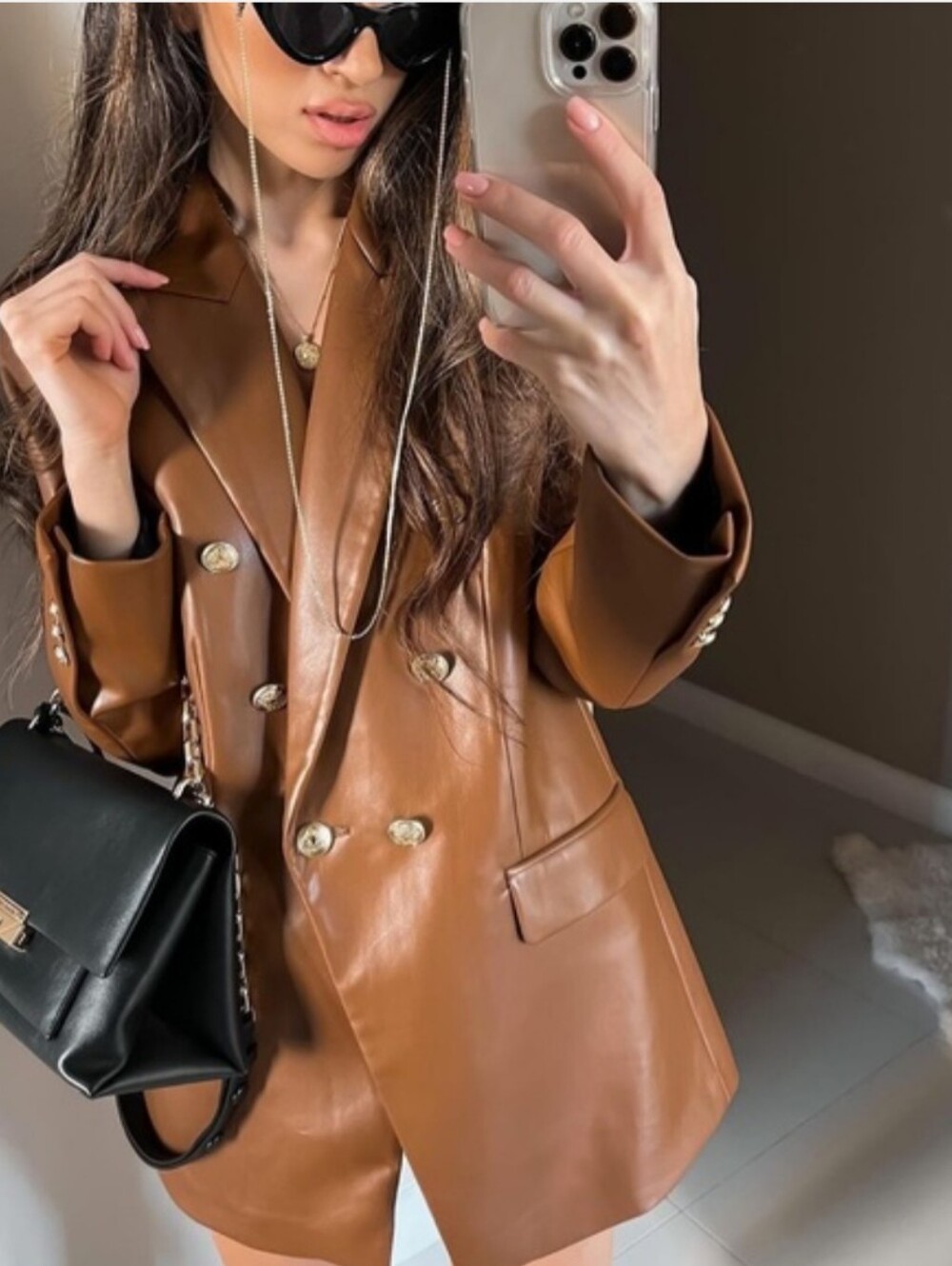 Zara Double-Breasted Faux Leather Blazer Coat - Brown